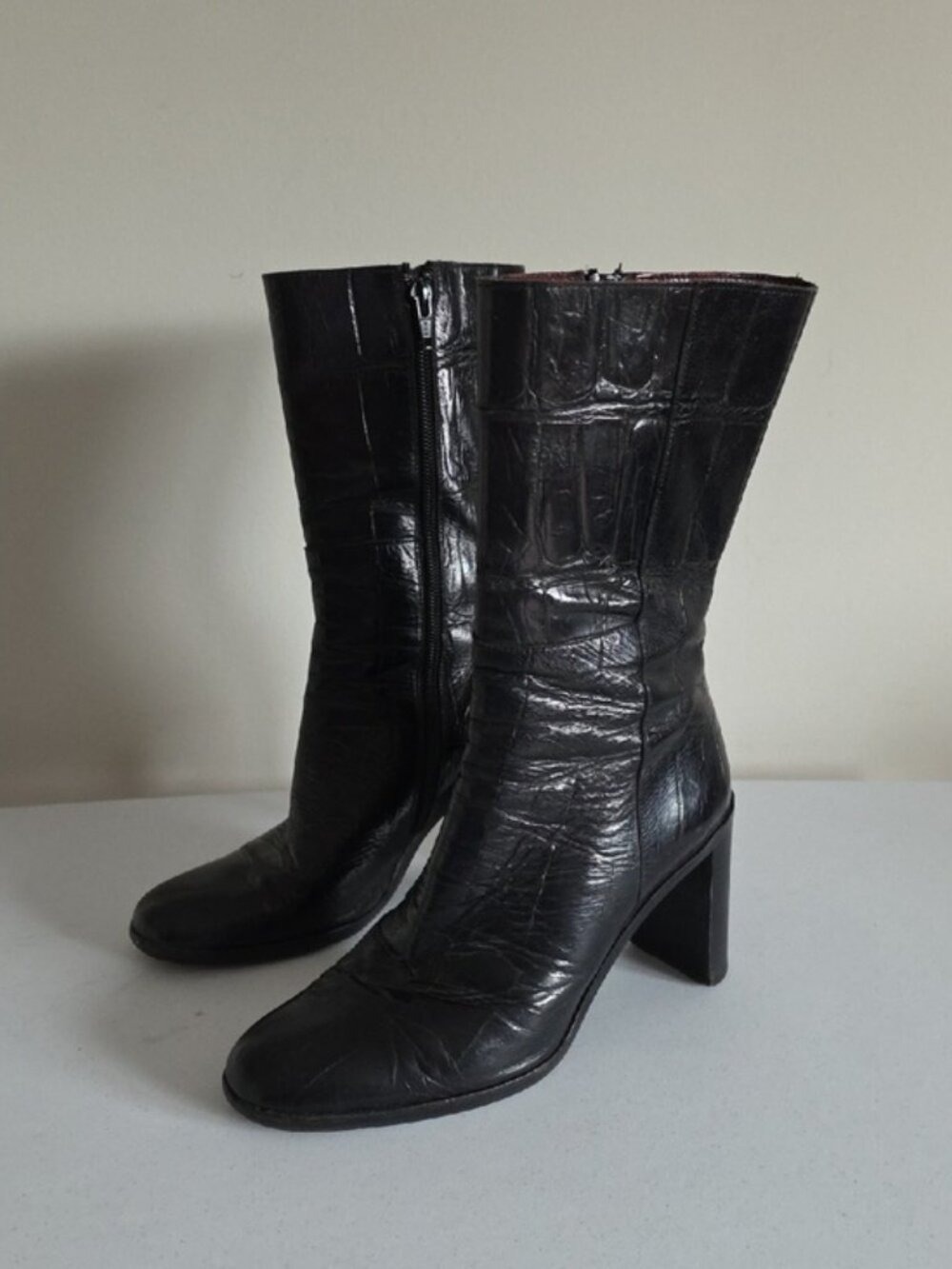 HUGO BOSS | croc-embossed Leather boots block heel sz 37